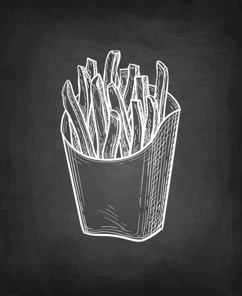 French fries. Fried potatoes. Chalk sketch on blackboard background. Hand drawn vector illustration. Retro style.