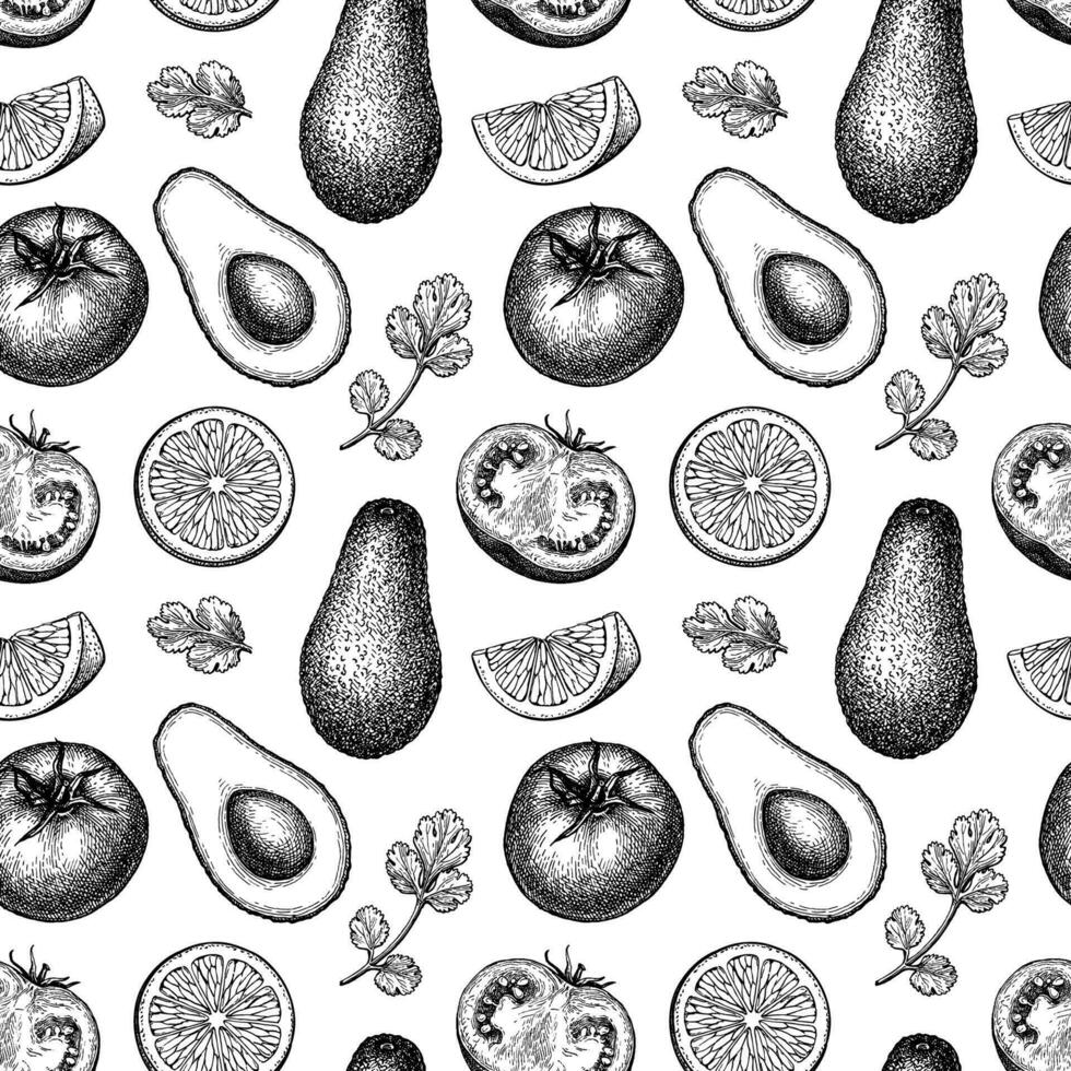 Guacamole sauce ingredients. Seamless pattern with avocado, lime and tomato. Ink sketch isolated on white background. Hand drawn vector illustration. Retro style.