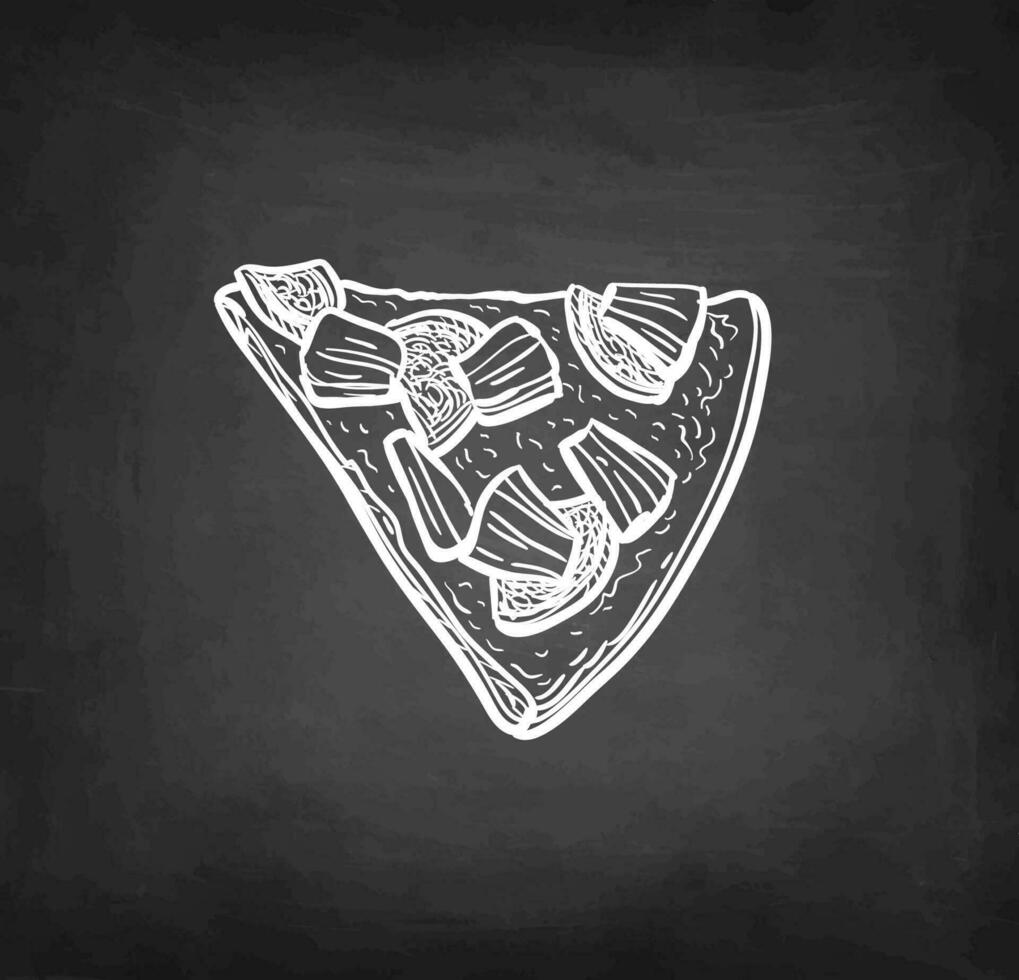 Slice of pizza topped with pineapple and ham. Chalk sketch on blackboard background. Hand drawn vector illustration. Retro style.