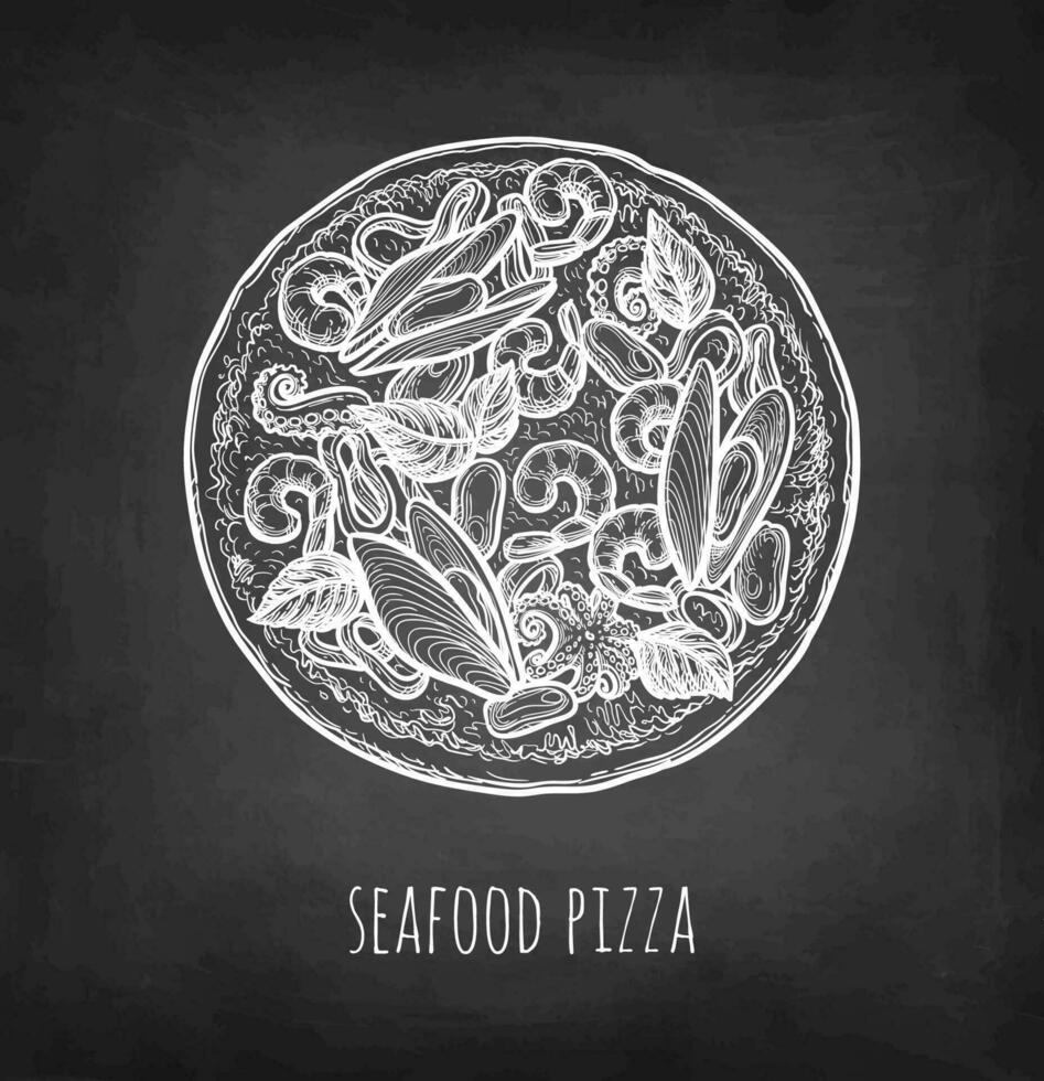 Unsliced seafood pizza. Chalk sketch on blackboard background. Hand drawn vector illustration. Retro style.