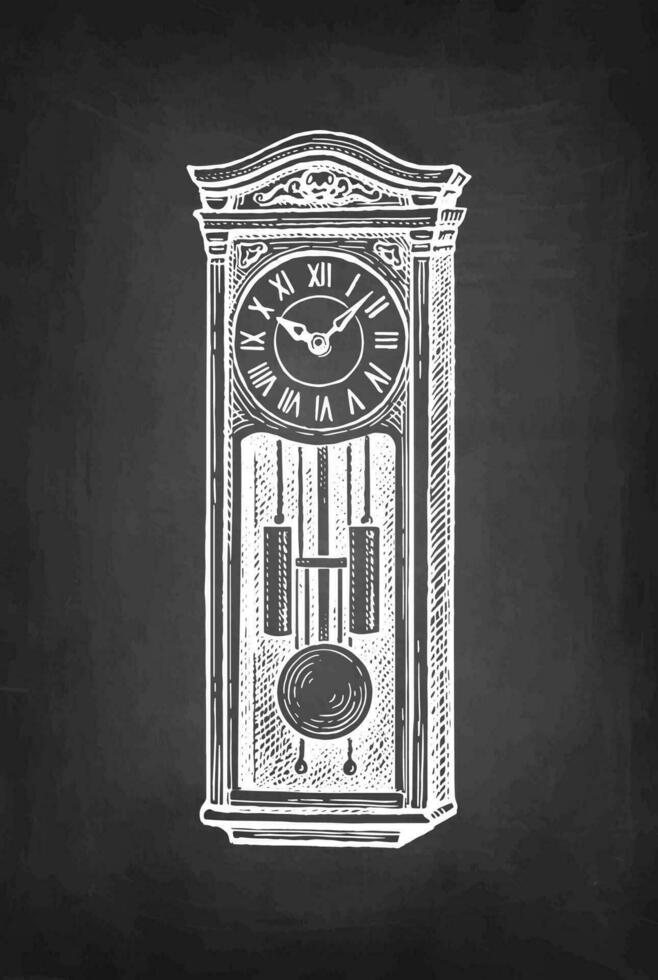 Vintage pendulum clock. Chalk sketch on blackboard background. Hand drawn vector illustration. Retro style.