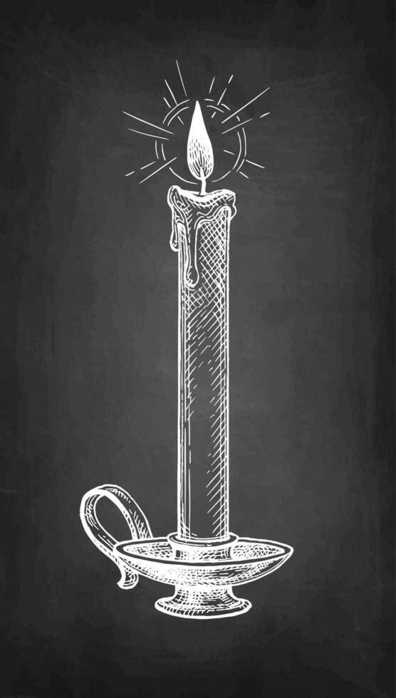 Thin candle burning in a candlestick. Chalk sketch on blackboard background. Hand drawn vector illustration. Retro style.
