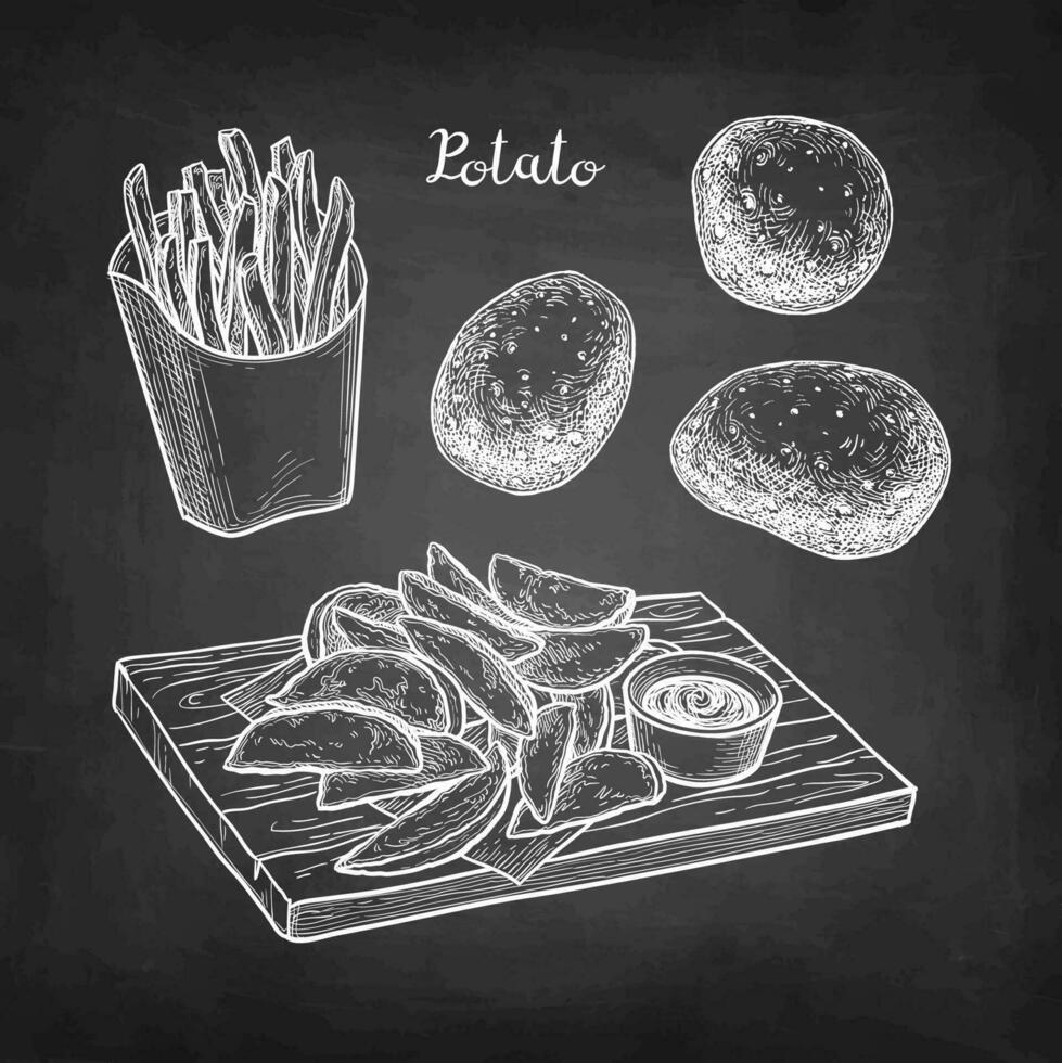 Potato wedges and French fries. Chalk sketch on blackboard background. Hand drawn vector illustration. Retro style.