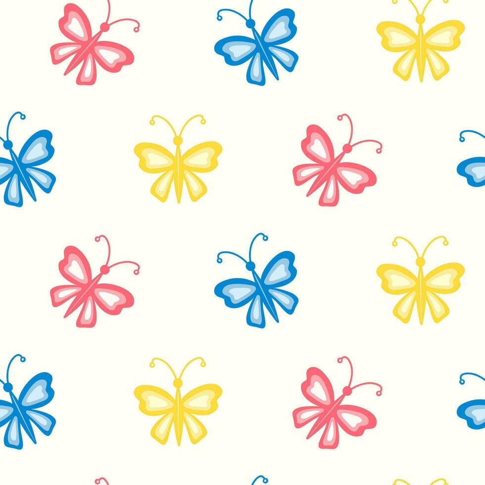 Seamless pattern of hand drawn colourful butterflies on isolated background. Spring design for mothers day, Easter, springtime and summertime celebration, scrapbooking, textile, home decor, crafts. vector