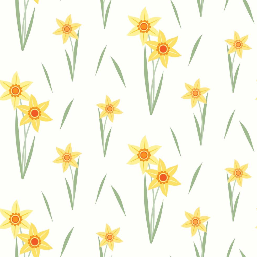 Seamless pattern of hand drawn of fresh daffodils  on isolated background. Design for mothers day, Easter, springtime and summertime celebration, scrapbooking, textile, home decor, paper craft. vector