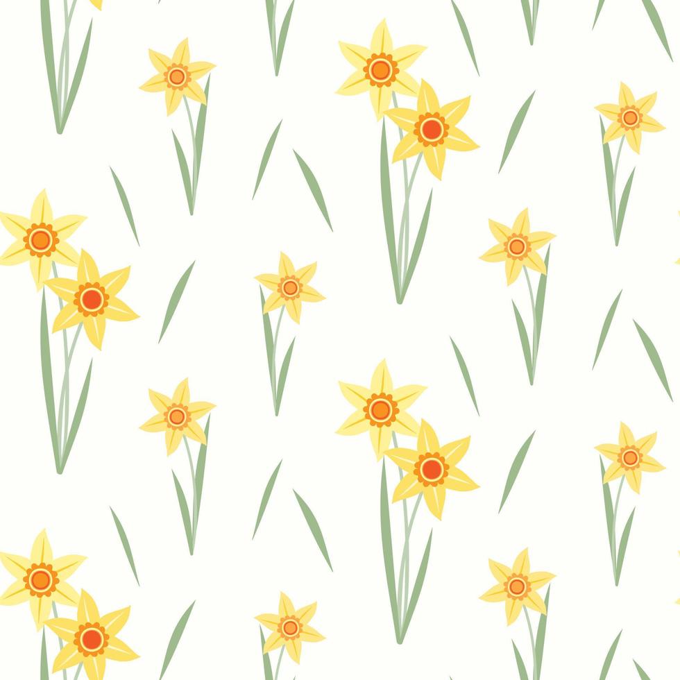 Seamless pattern of hand drawn of fresh daffodils  on isolated background. Design for mothers day, Easter, springtime and summertime celebration, scrapbooking, textile, home decor, paper craft. vector