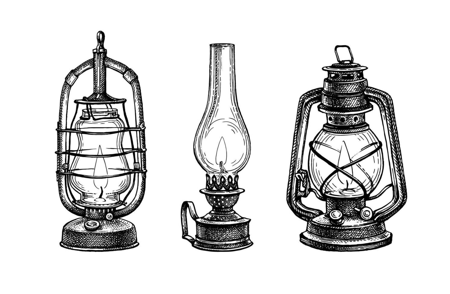 Burning kerosene lamps. Vintage oil lanterns set. Ink sketch isolated on white background. Hand drawn vector illustration. Retro style.