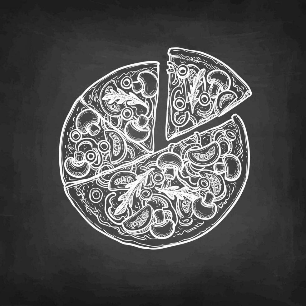 Sliced vegetarian pizza topped with mushrooms, olives and arugula. Chalk sketch on blackboard background. Hand drawn vector illustration. Retro style.