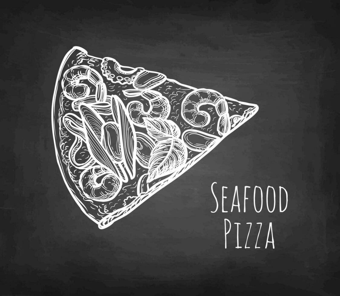 Slice of seafood pizza. Chalk sketch on blackboard background. Hand drawn vector illustration. Retro style.