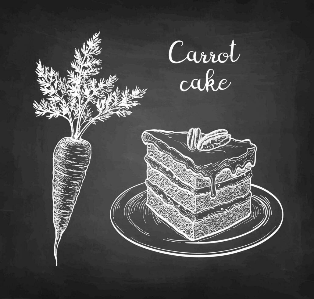 Carrot cake. Chalk sketch on blackboard background. Hand drawn vector illustration. Retro style.