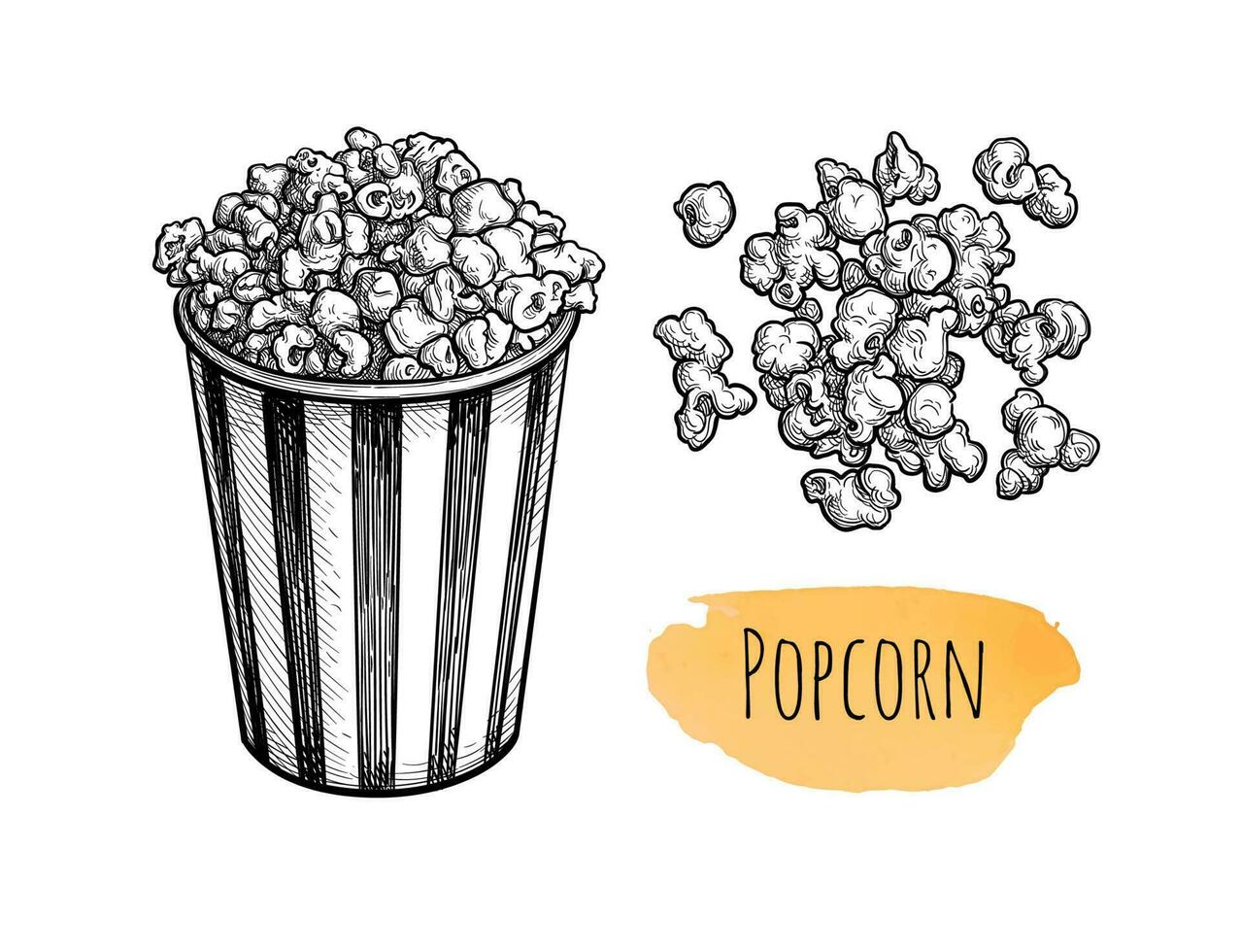 Popcorn. Ink sketch isolated on white background. Hand drawn vector illustration. Retro style.