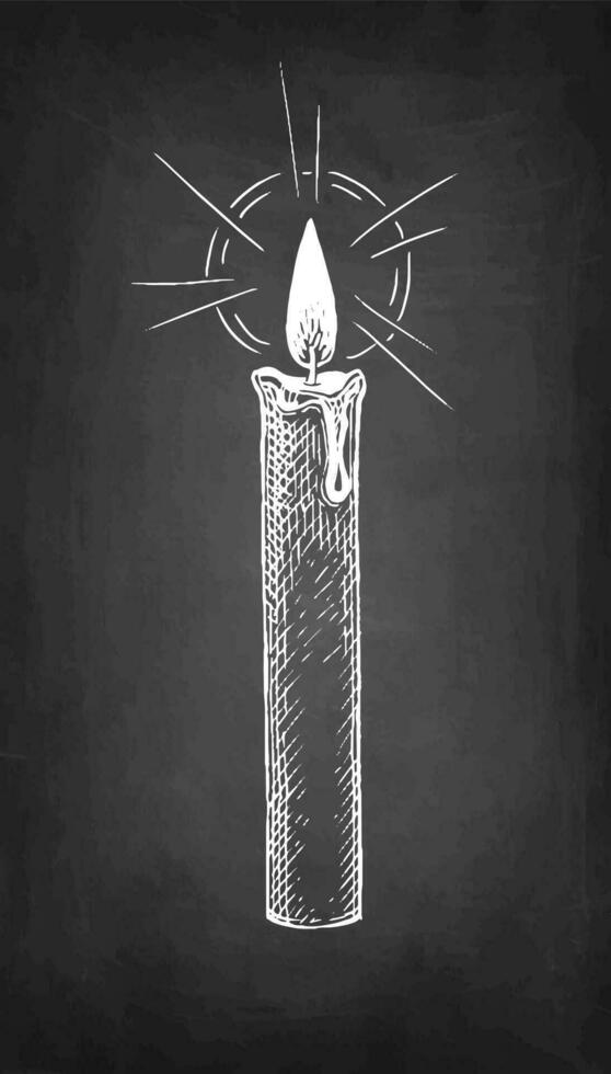 Candle burning. Chalk sketch on blackboard background. Hand drawn vector illustration. Retro style.