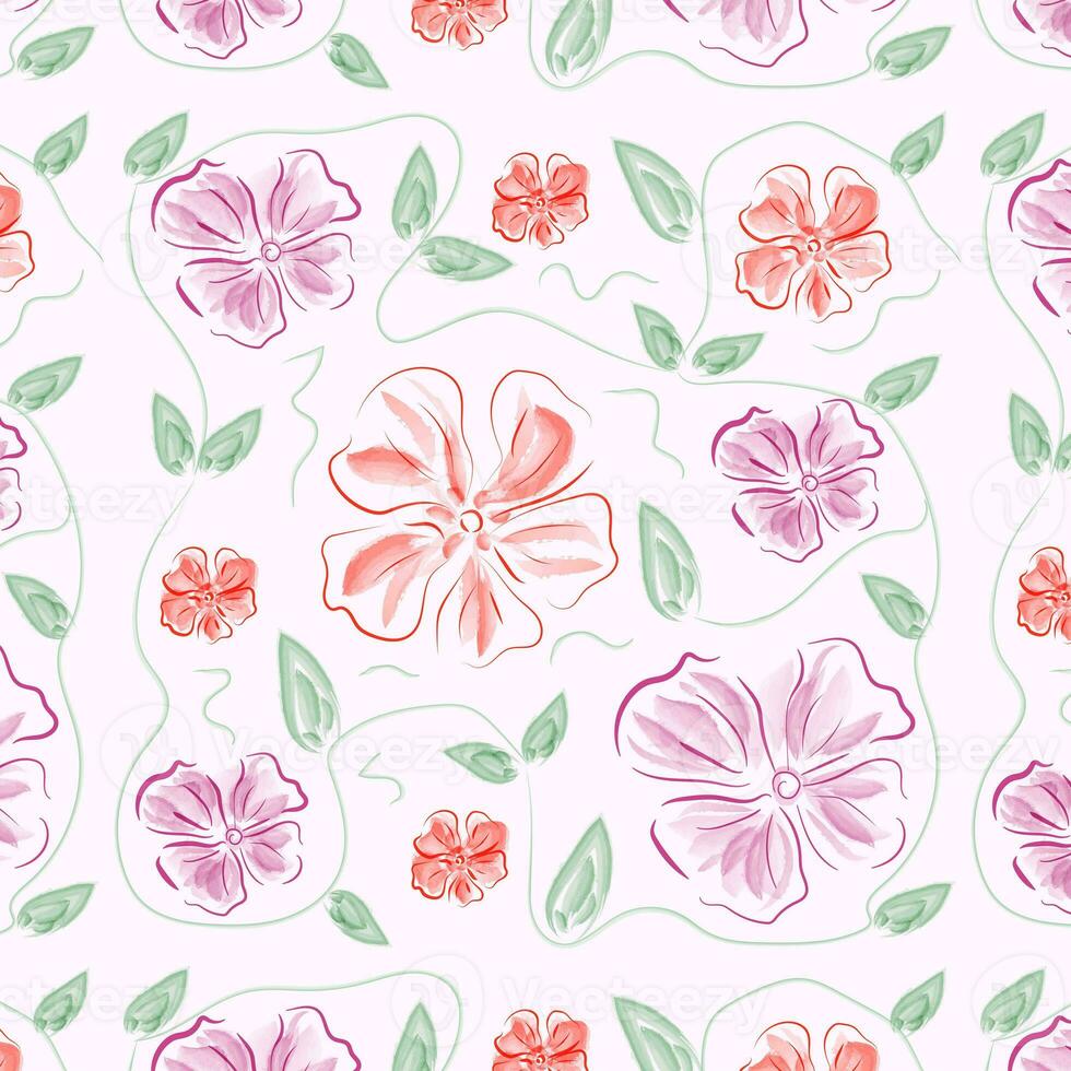 Seamless floral watercolor background with colorful flowers and leaves. Design for wallpaper packaging, covers, postcards. photo