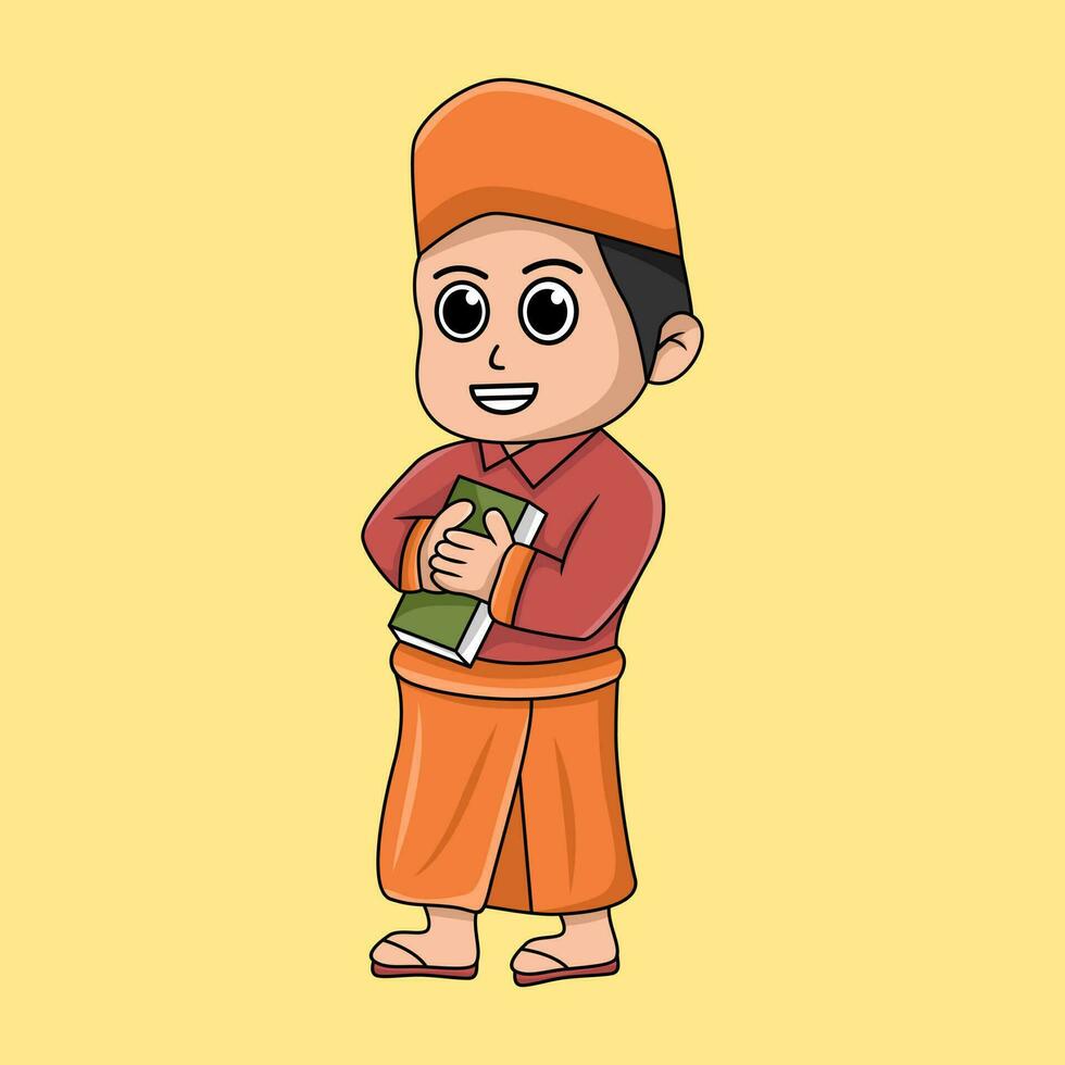 Cartoon illustration of an Islamic child doing a learning activity vector
