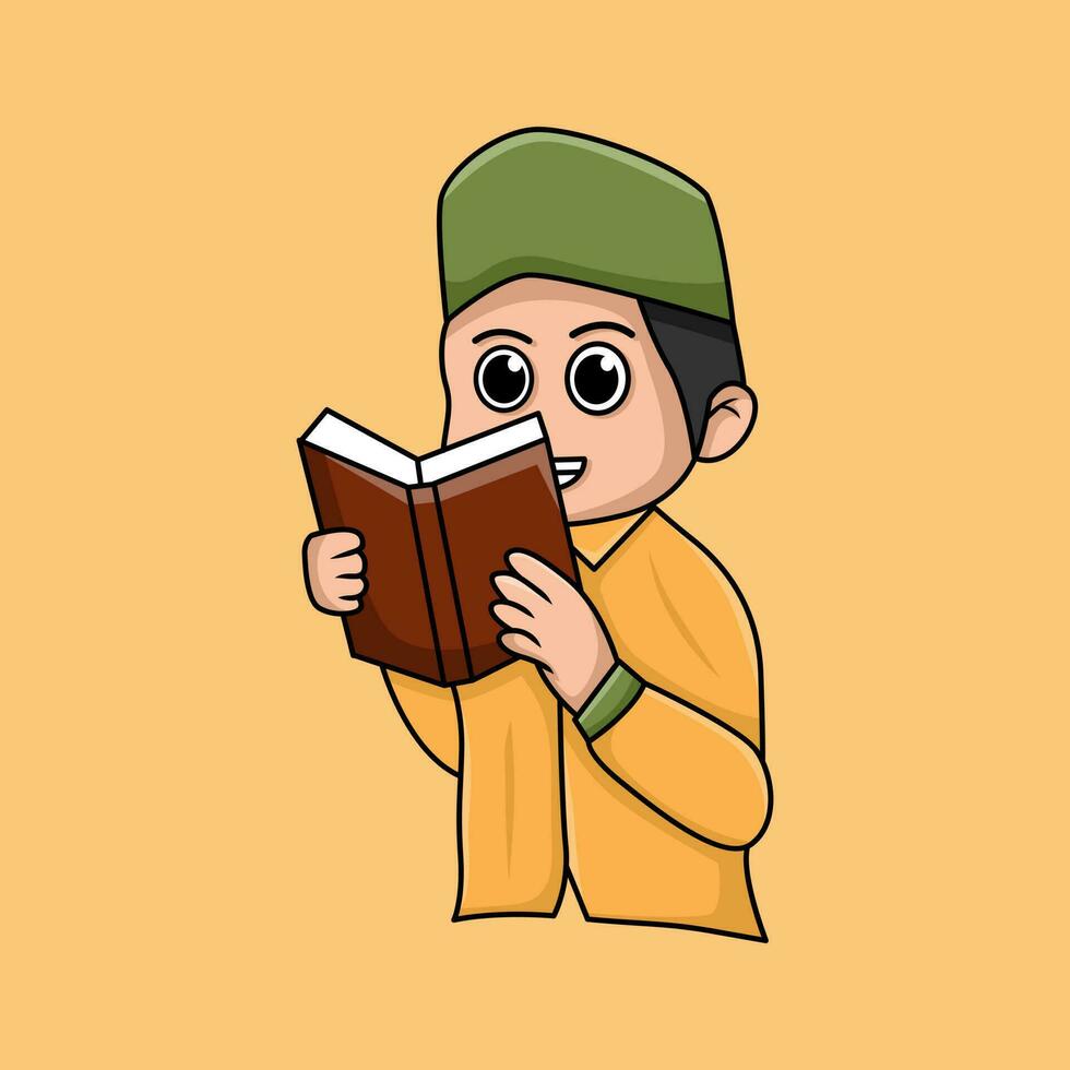 Cartoon illustration of an Islamic child doing a learning activity vector