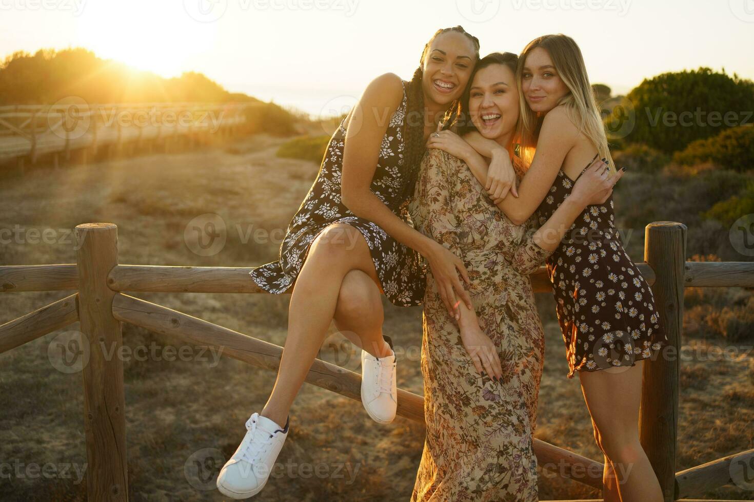 alegre diverso novias abrazando en de madera muelle foto