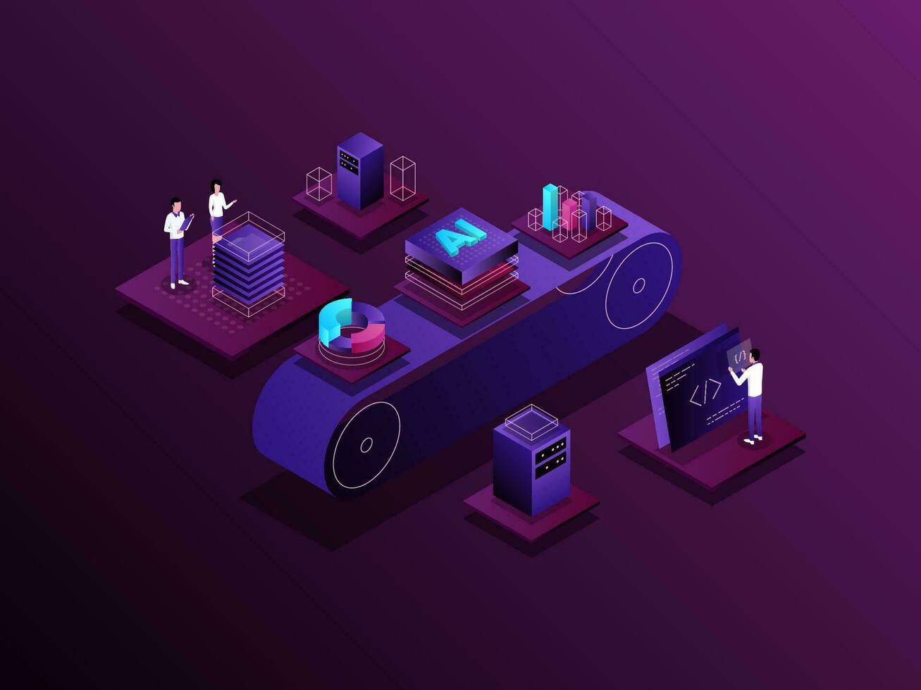 Data processing Isometric Illustration Dark Gradient. Suitable for Mobile App, Website, Banner, Diagrams, Presentation, and Other Graphic Assets. vector