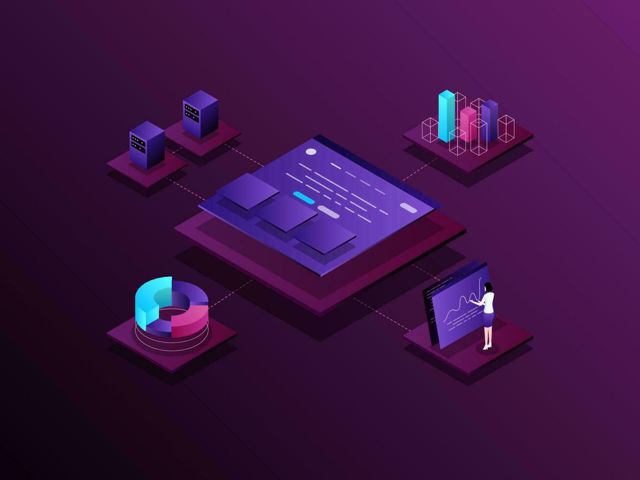 Website analytics Isometric Illustration Dark Gradient. Suitable for Mobile App, Website, Banner, Diagrams, Presentation, and Other Graphic Assets. vector