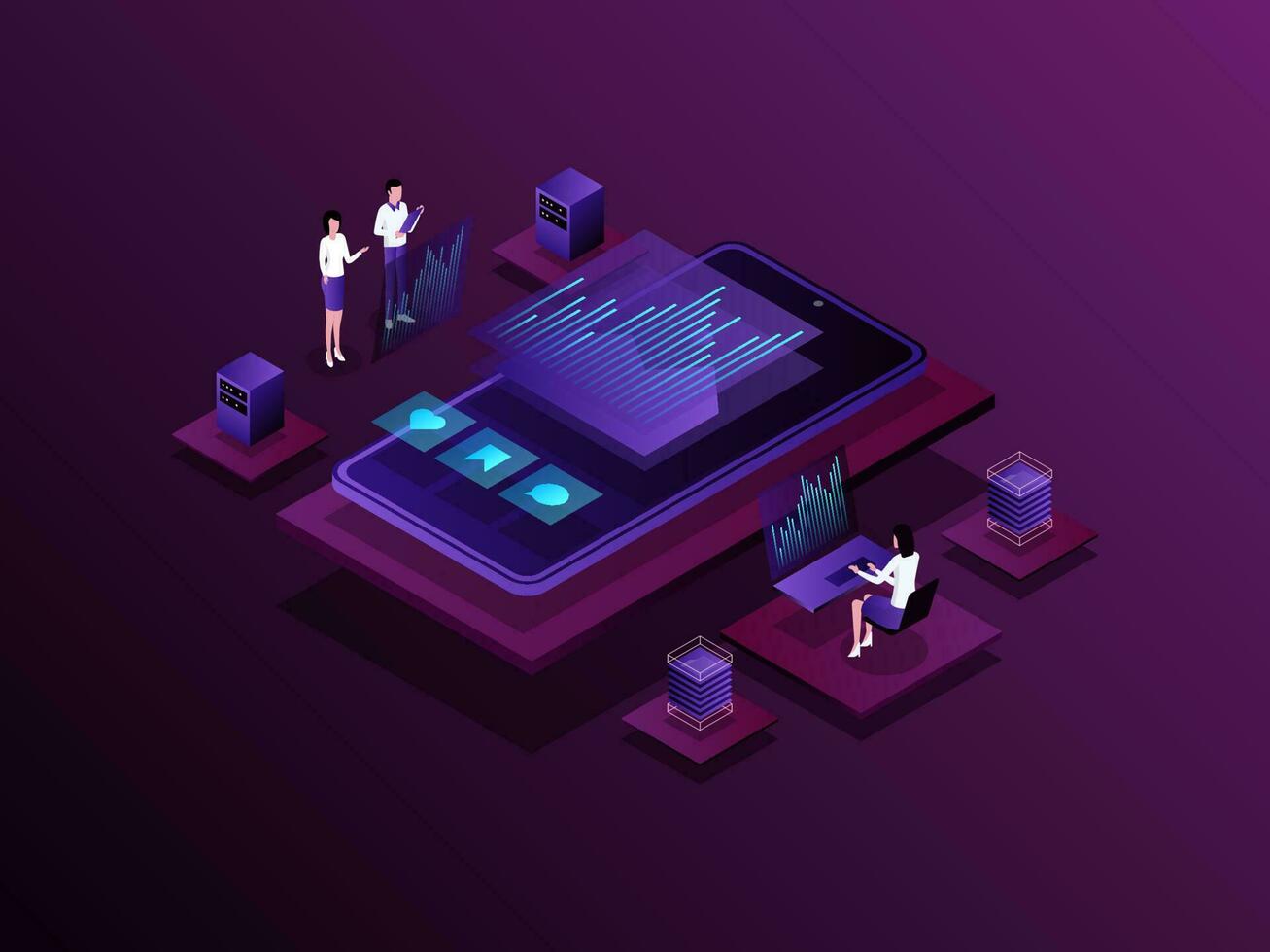 Marketing analytics Isometric Illustration Dark Gradient. Suitable for Mobile App, Website, Banner, Diagrams, Presentation, and Other Graphic Assets. vector