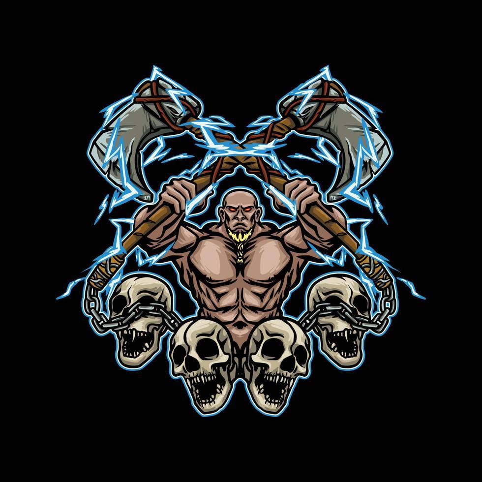 Muscular viking nordic holding axe wraped in thunder with 4 skull around him. streetwear design band merch or tshirt design. vector