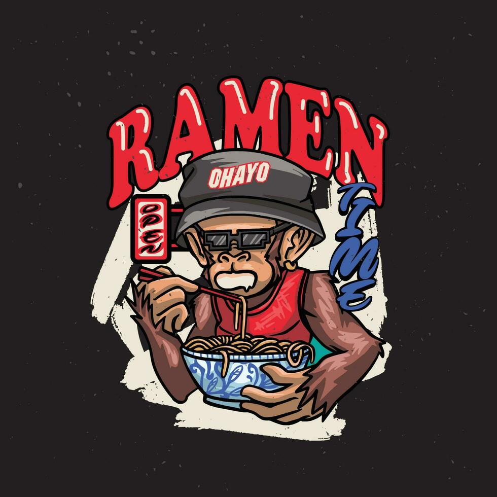 un mono comiendo ramen fideos. vector ilustración en un negro antecedentes para ropa de calle ropa