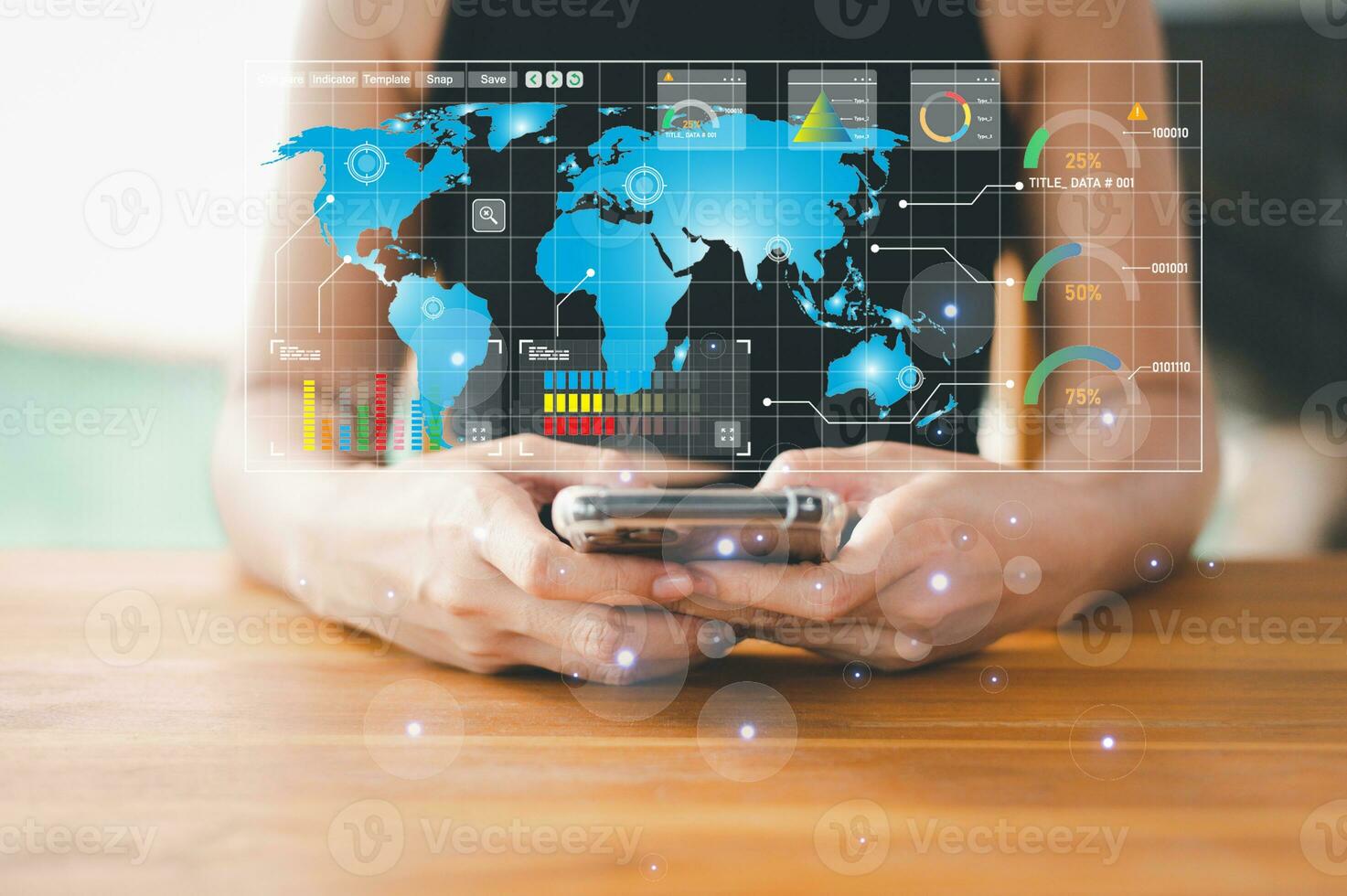 Close up of businesswoman hand pointing at glowing forex chart trading interface on blurry blue bokeh background. Market, economy and data exchange concept. Double exposure photo