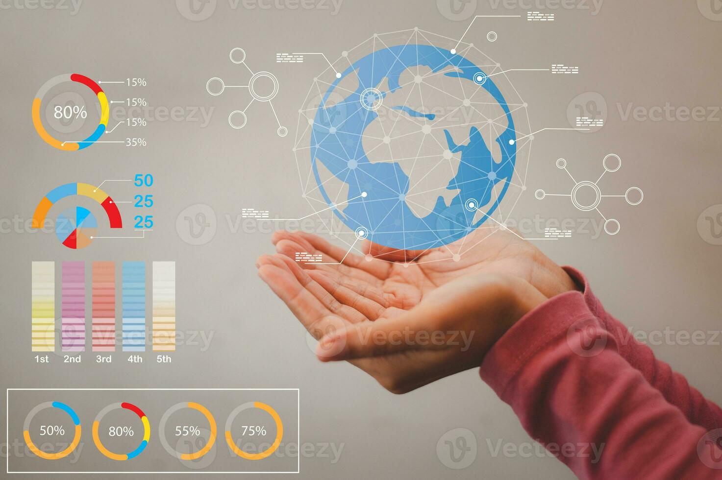 Close up of businesswoman hand pointing at glowing forex chart trading interface on blurry blue bokeh background. Market, economy and data exchange concept. Double exposure photo