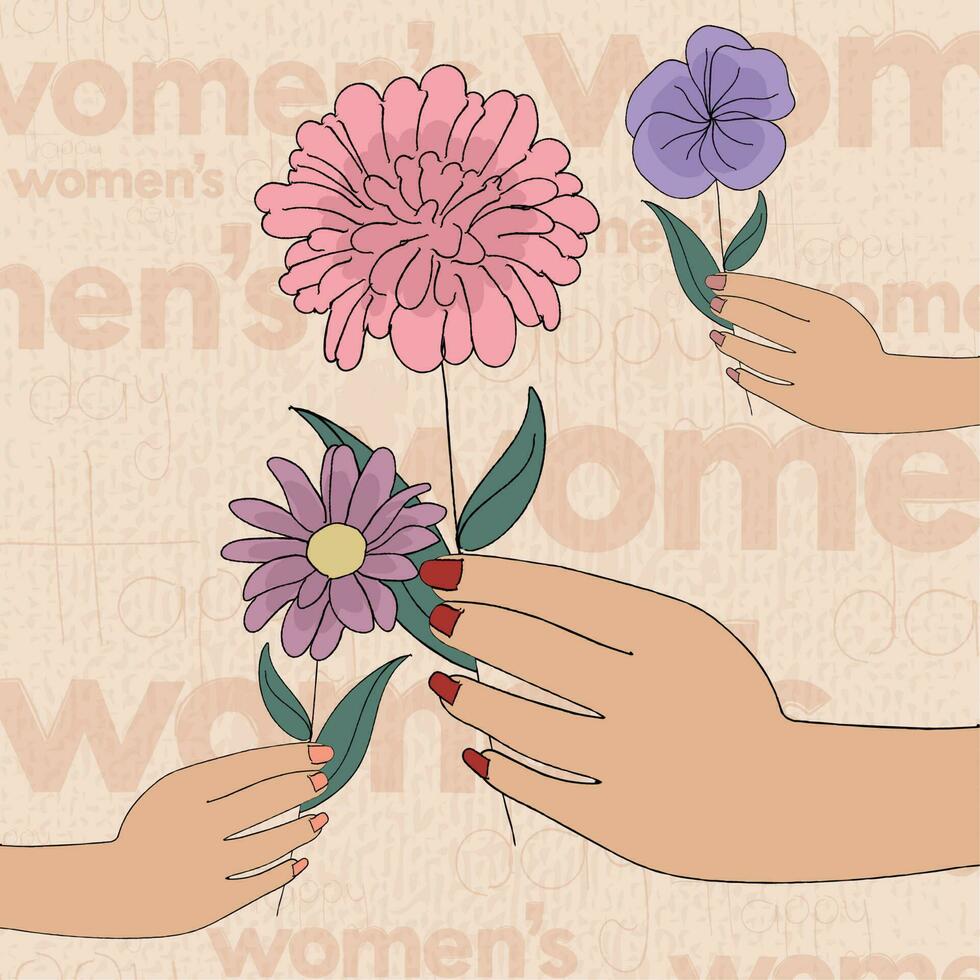 Group of hands holding flowers Happy women day poster Vector