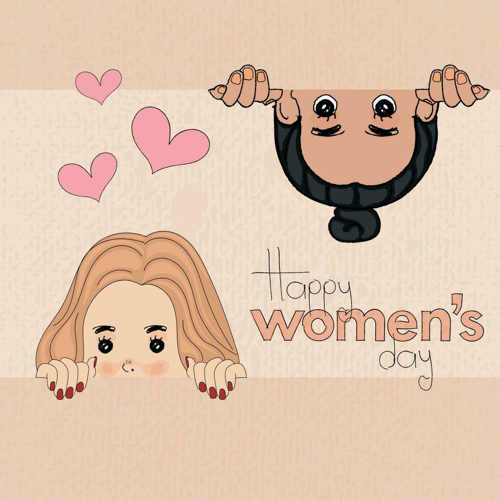 Pair of cute woman character with heart shapes Happy women day Vector