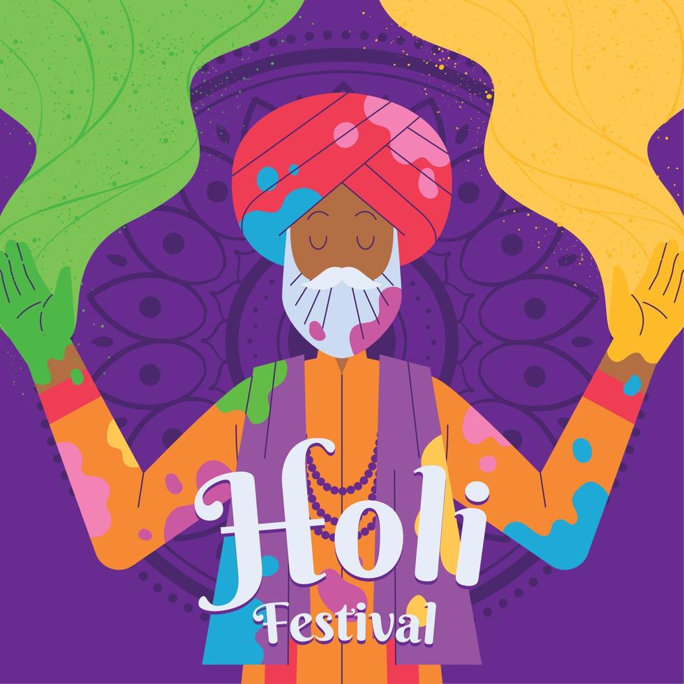 Isolated old wiseman character Holi festival poster Vector