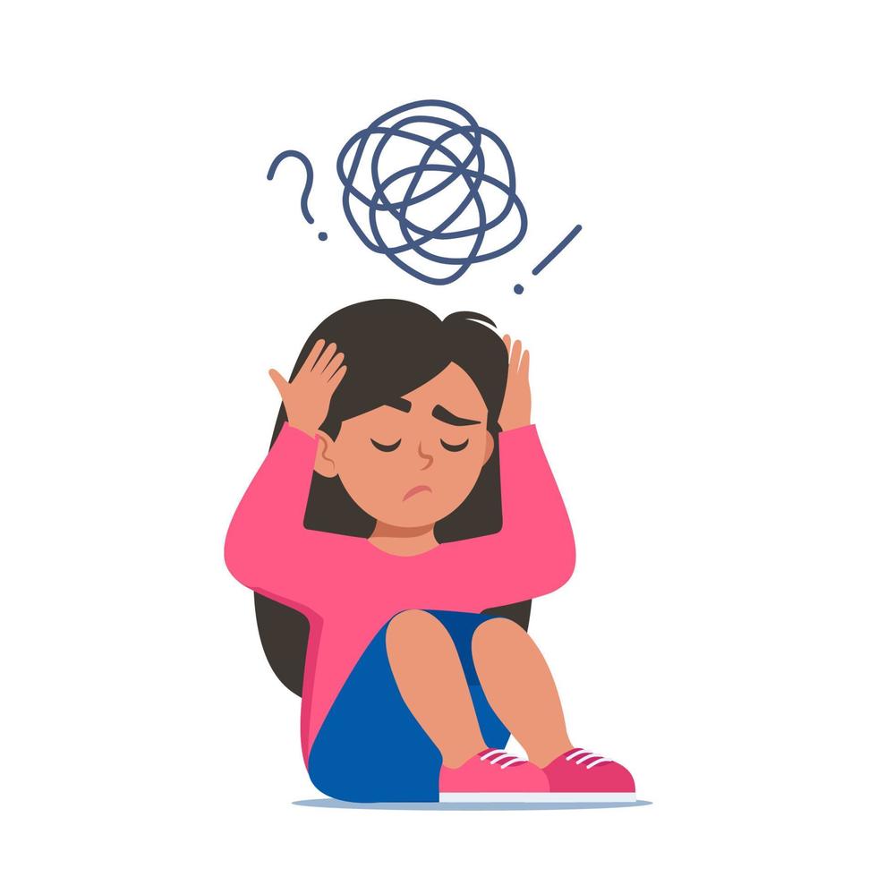 triste niña sentado en piso rodeado por corriente de ansioso pensamientos. autismo, niño estrés, mental trastorno, ansiedad, depresión, estrés, dolor de cabeza. vector ilustración.