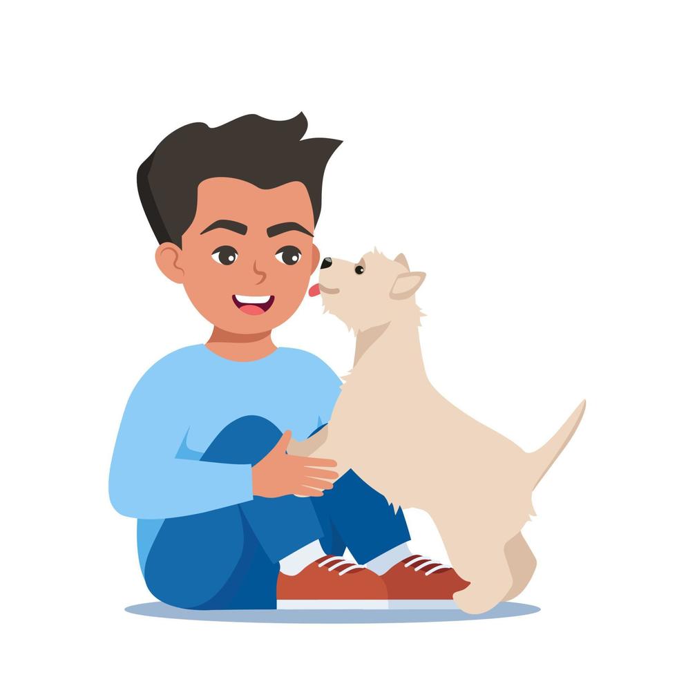 Cute puppy dog licking boy's face. Happy child hugging and petting a dog. Smiling kid sitting and embracing happy pet. Good friend. Vector illustration.