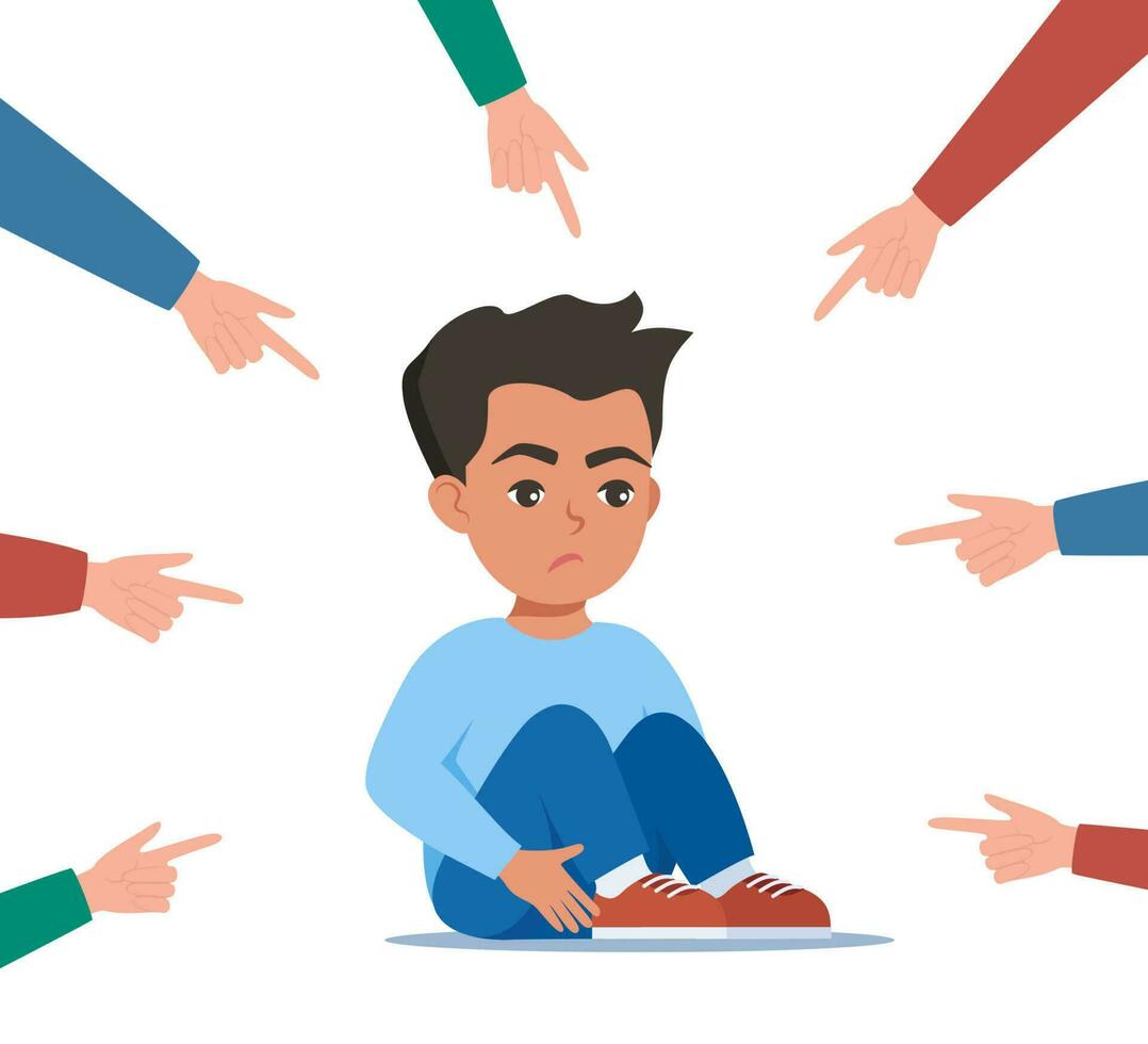 Sad or depressed boy kid surrounded by hands with index fingers pointing at him. Social bullying concept. Public trolling, shaming. Vector illustration.