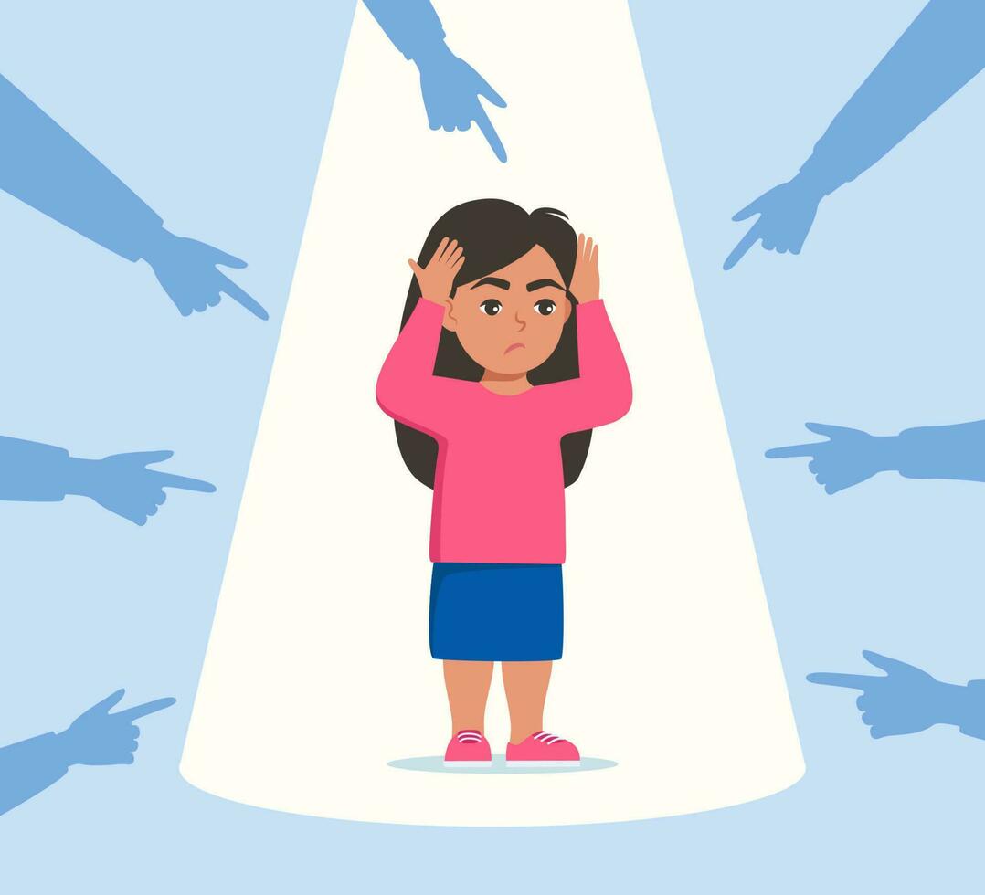 niña triste o deprimida rodeada de manos con los dedos índices apuntándola. concepto de acoso social. troleo público, vergüenza. ilustración vectorial vector