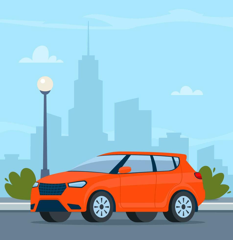 Red modern Suv car, side view. Modern urban landscape with high-rise buildings skyscrapers on background. Vector illustration.