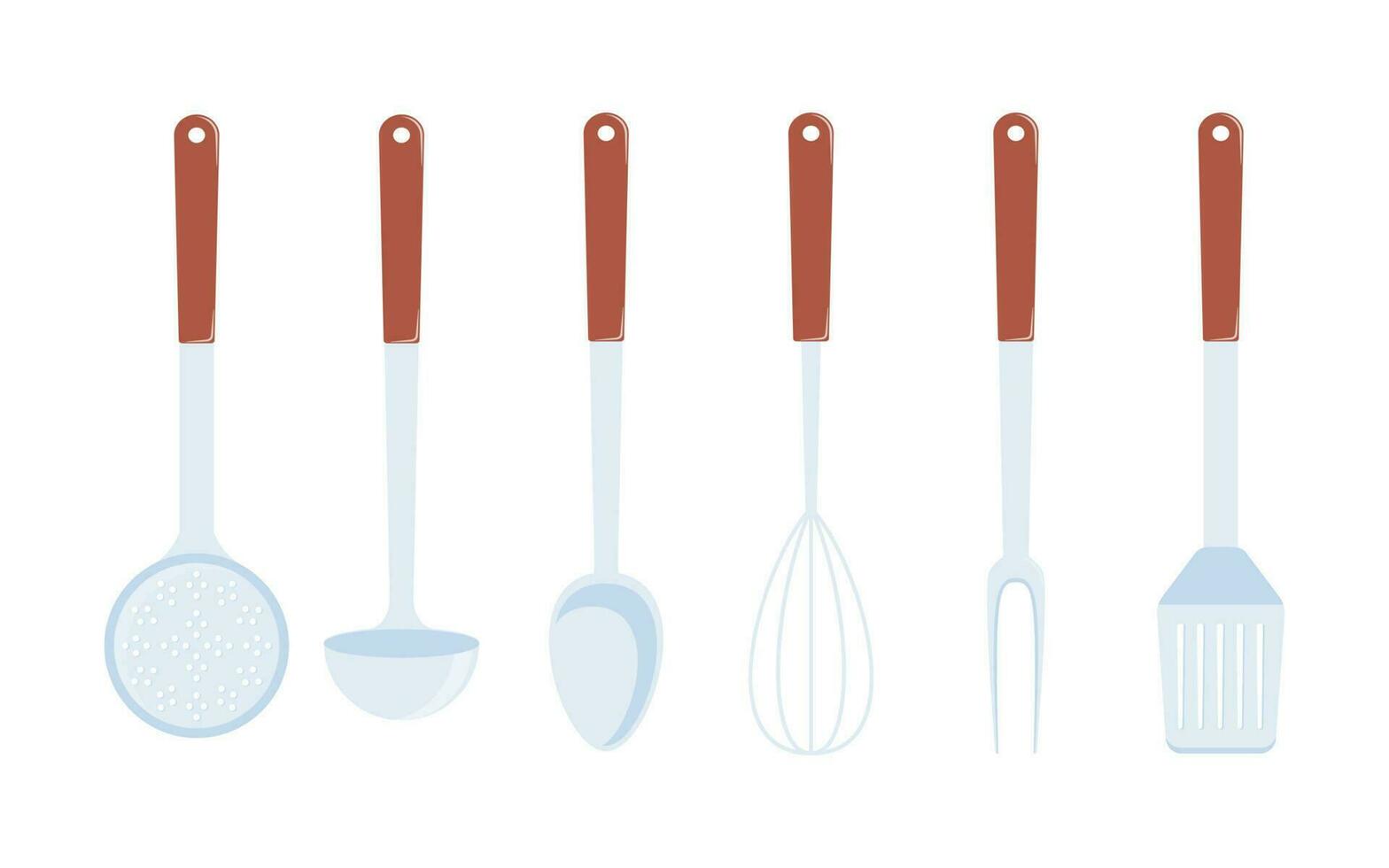 Kitchen utensils, set. Ladle, spatula, whisk, skimmer, spoon, vector illustration isolated.