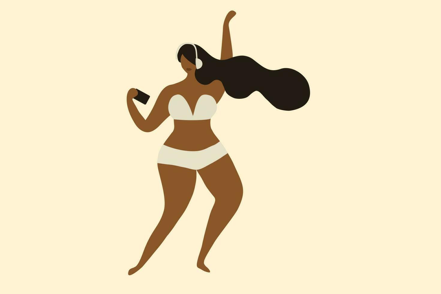 Beautiful African American woman listening on headphones. Social media player application, music therapy, music lover and entertainment vector illustration