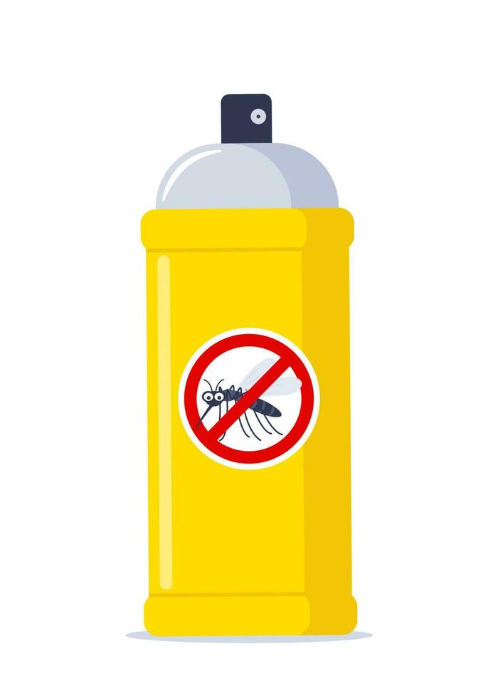 Repellent spray in the yellow bottle. Protection from the mosquito and other insect. Aerosol for bug bite prevention. Vector illustration.