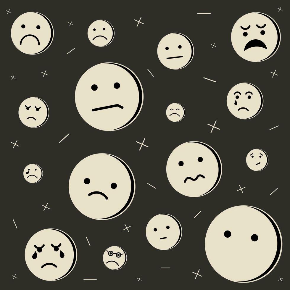 Round abstract comic Faces with sad Emotions. unhappy faces, upset  Emoji Face Seamless Background Pattern. vector