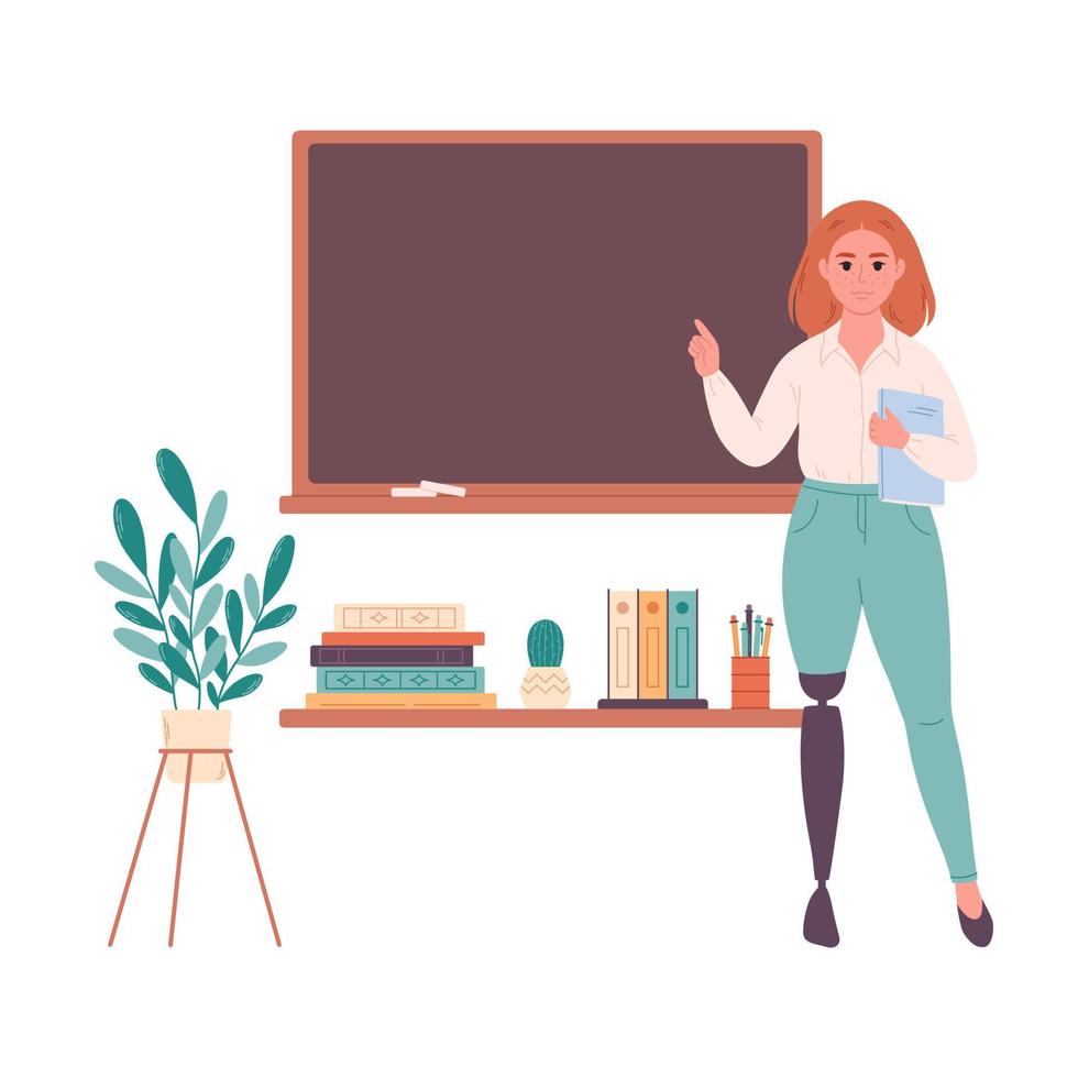 Female teacher at classroom near blackboard. Education, lecture and lesson at school. vector