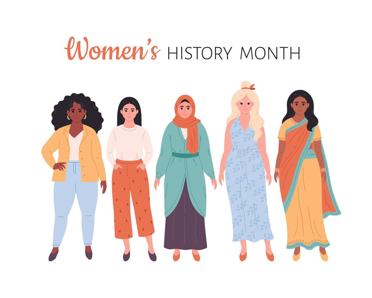 Women of different races, nationalities. Women's history month. Feminism and women equality, empowerment vector