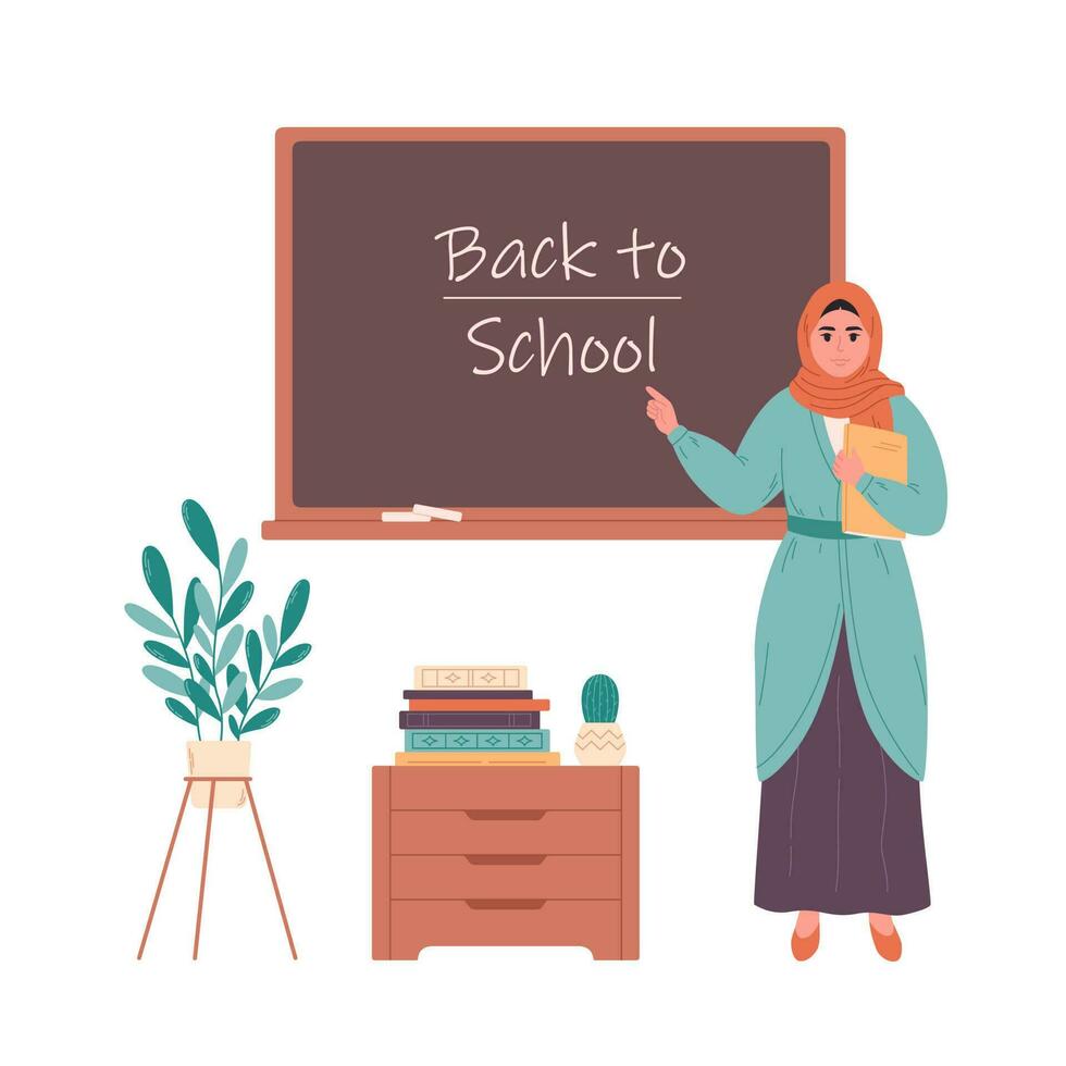 musulmán hembra profesor a salón de clases cerca pizarra. educación, conferencia y lección a escuela. vector