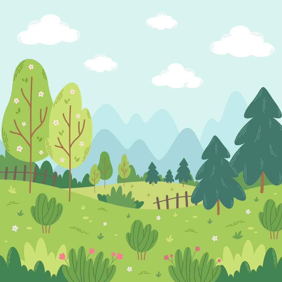 Spring landscape with trees, mountains, fields, bushes, flowers, fir trees. vector