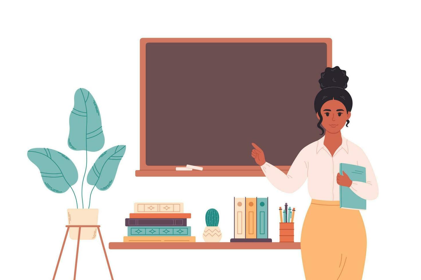 Female teacher at classroom near blackboard. Education, lecture and lesson at school. vector