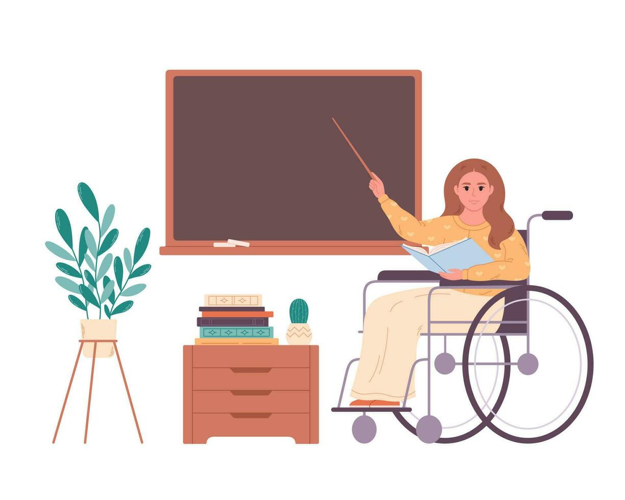 Female teacher in wheelchair at classroom near blackboard. Education, lecture and lesson at school. vector