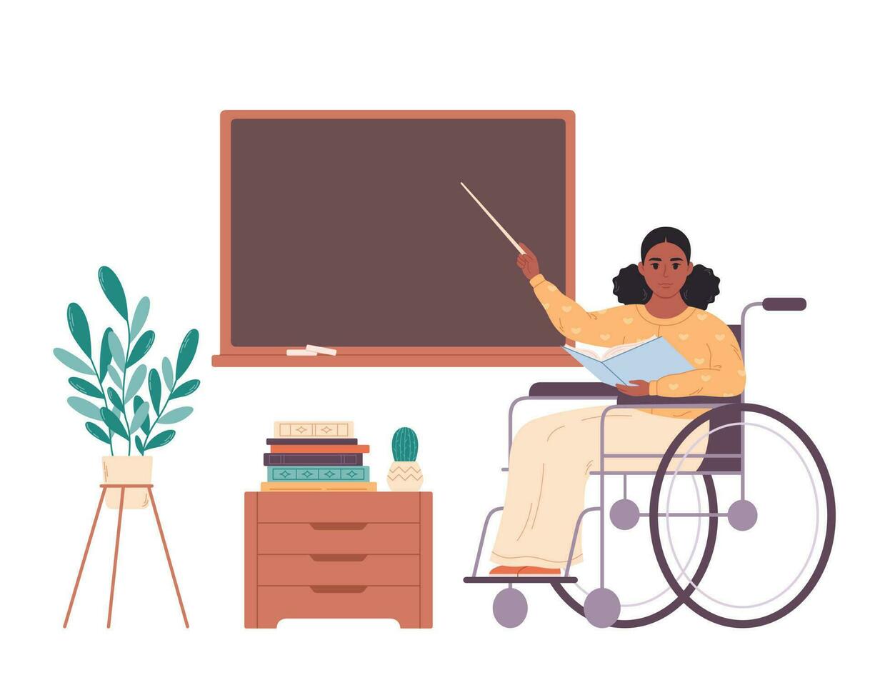 Black female teacher in wheelchair at classroom near blackboard. Education, lecture and lesson at school. vector