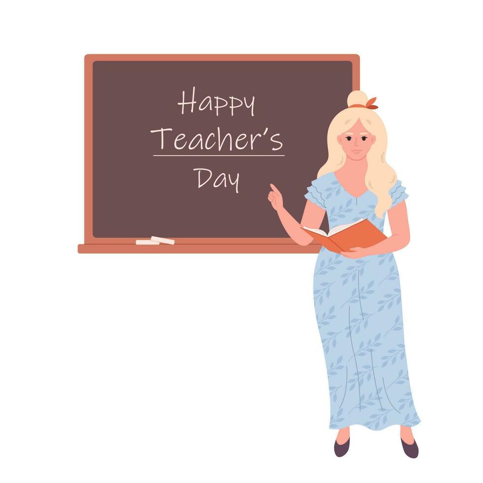 Female teacher at classroom near blackboard. Education, lecture and lesson at school. vector