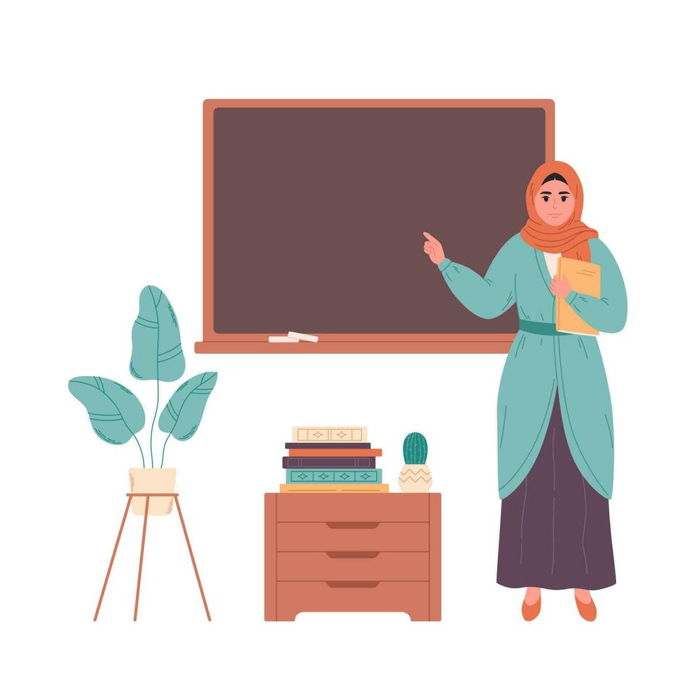 Muslim female teacher at classroom near blackboard. Education, lecture and lesson at school. vector