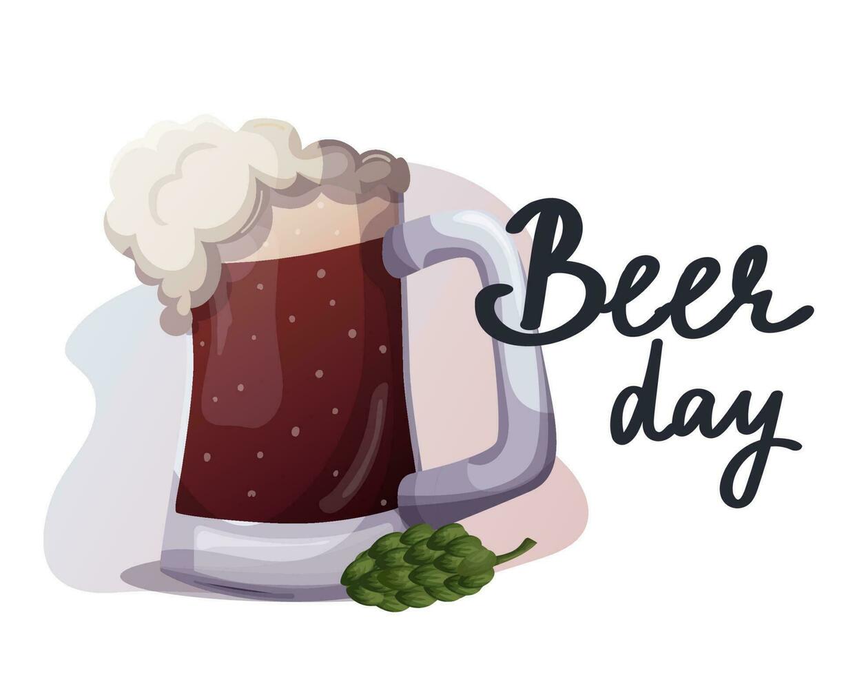 nacional cerveza día. un vaso de cerveza en un lindo, dibujos animados estilo con malta en un blanco antecedentes. modelo para bandera, publicidad, web diseño, impresión. vector ilustración