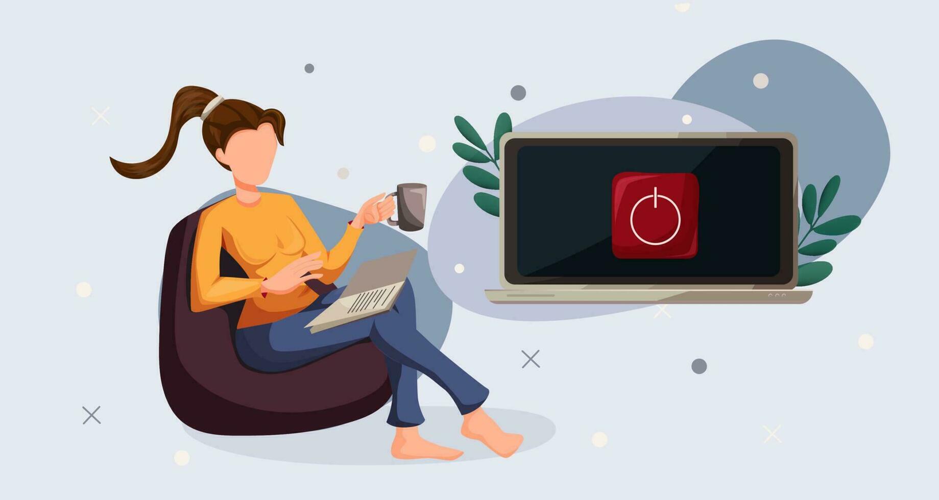 National Day of Unplugging. a woman is reading a book, the computer is turned off. Concept illustration rejection of gadgets. Vector